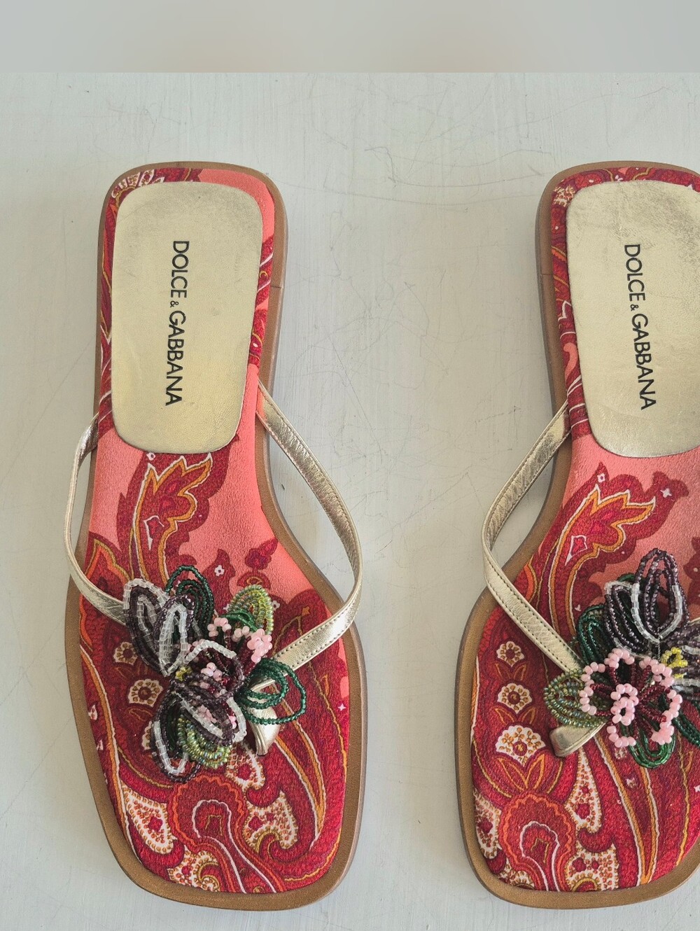 Dolce & Gabbana Red Paisley Beaded Floral Thong Sandals